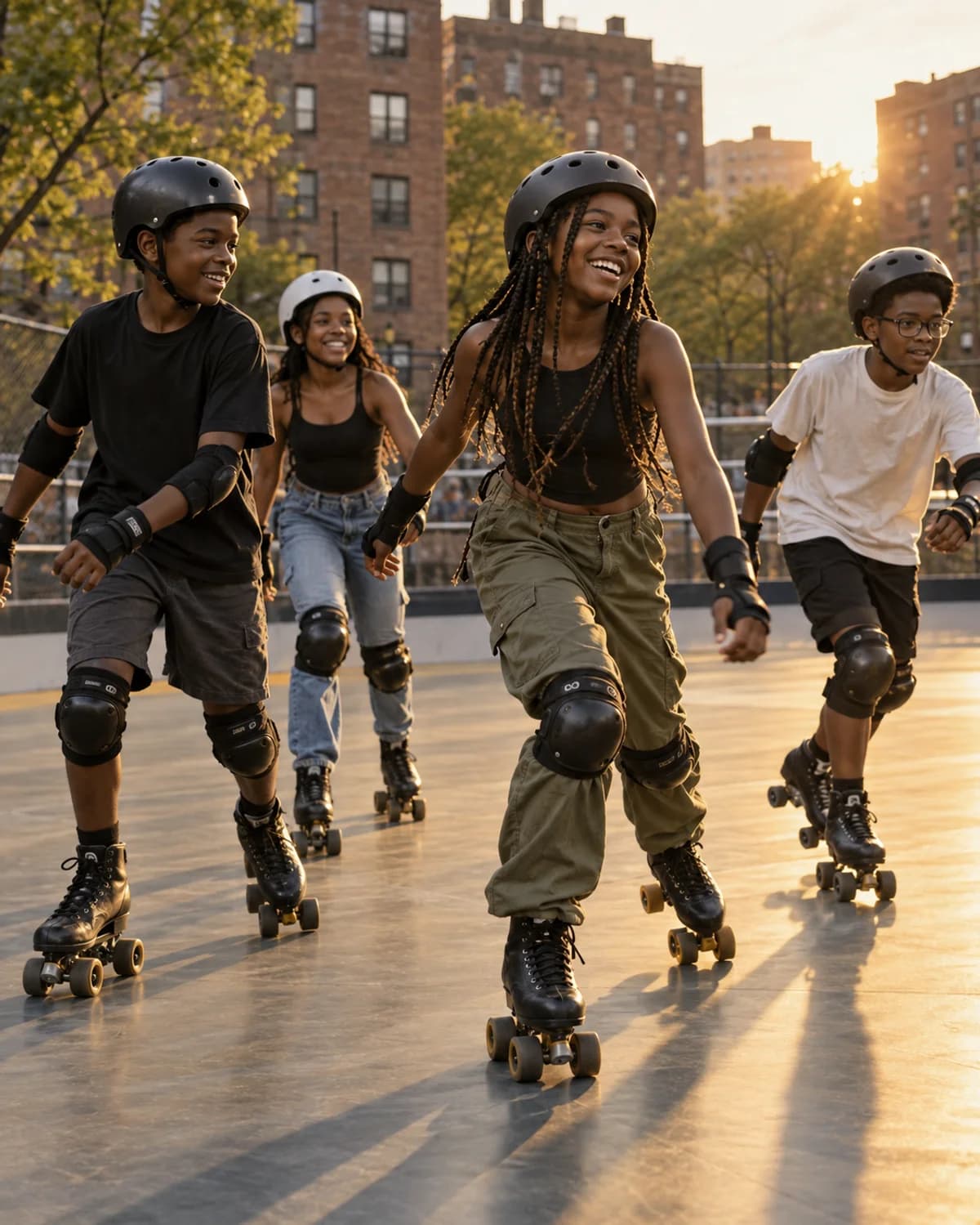 Representative image of Black youth roller skating together at an urban neighborhood rink