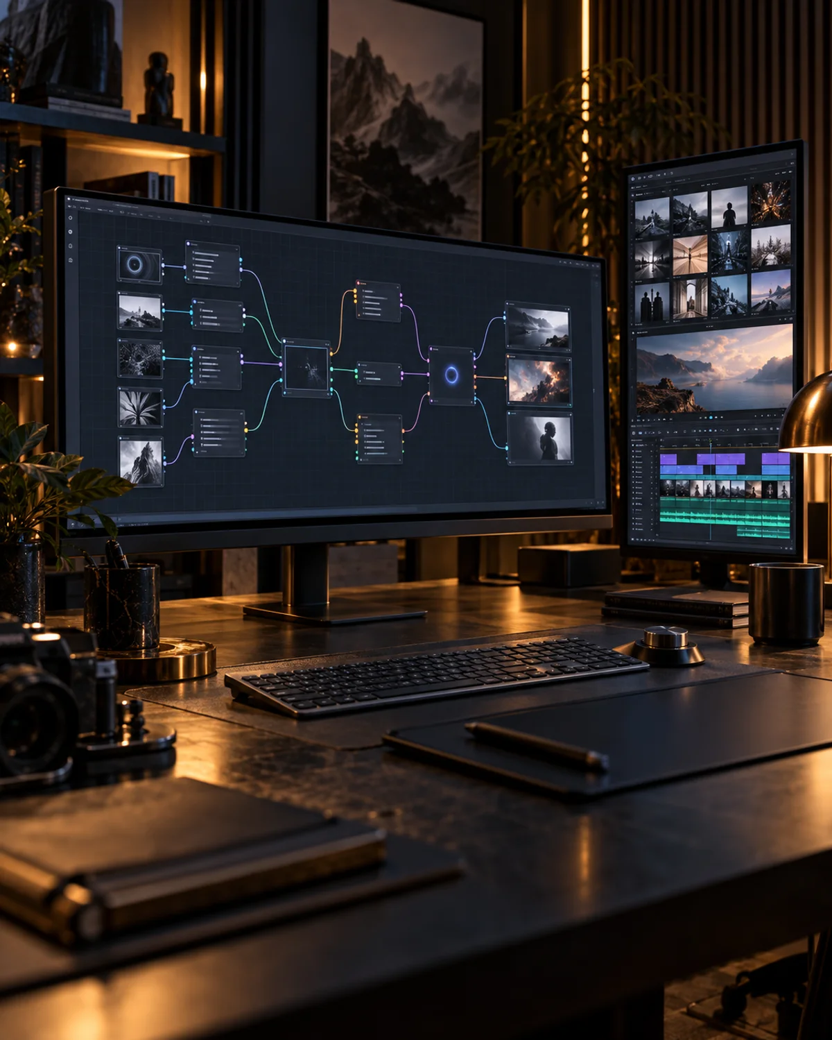 Content production workstation with connected automation workflows and video editing screens